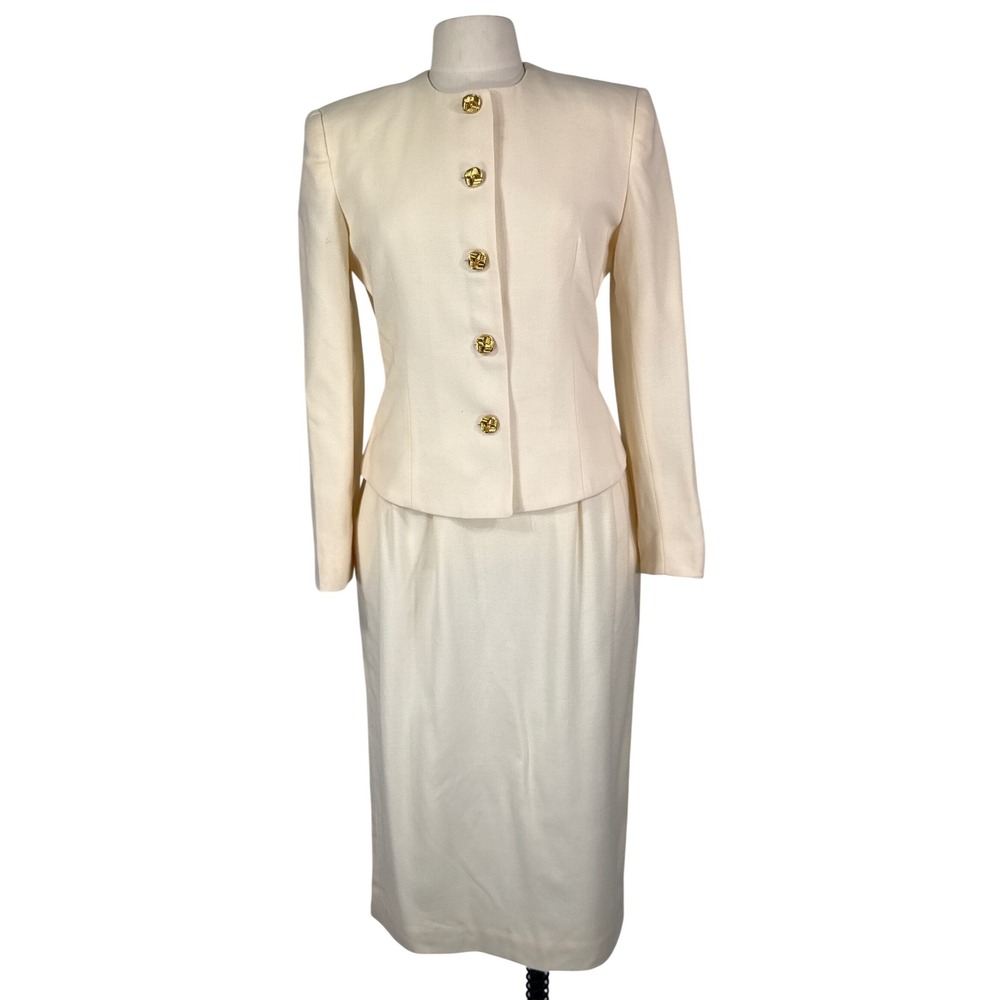 Vintage Prophecy Ivory Wool Pencil Skirt Suit Set Gold Button Blazer Dress USA